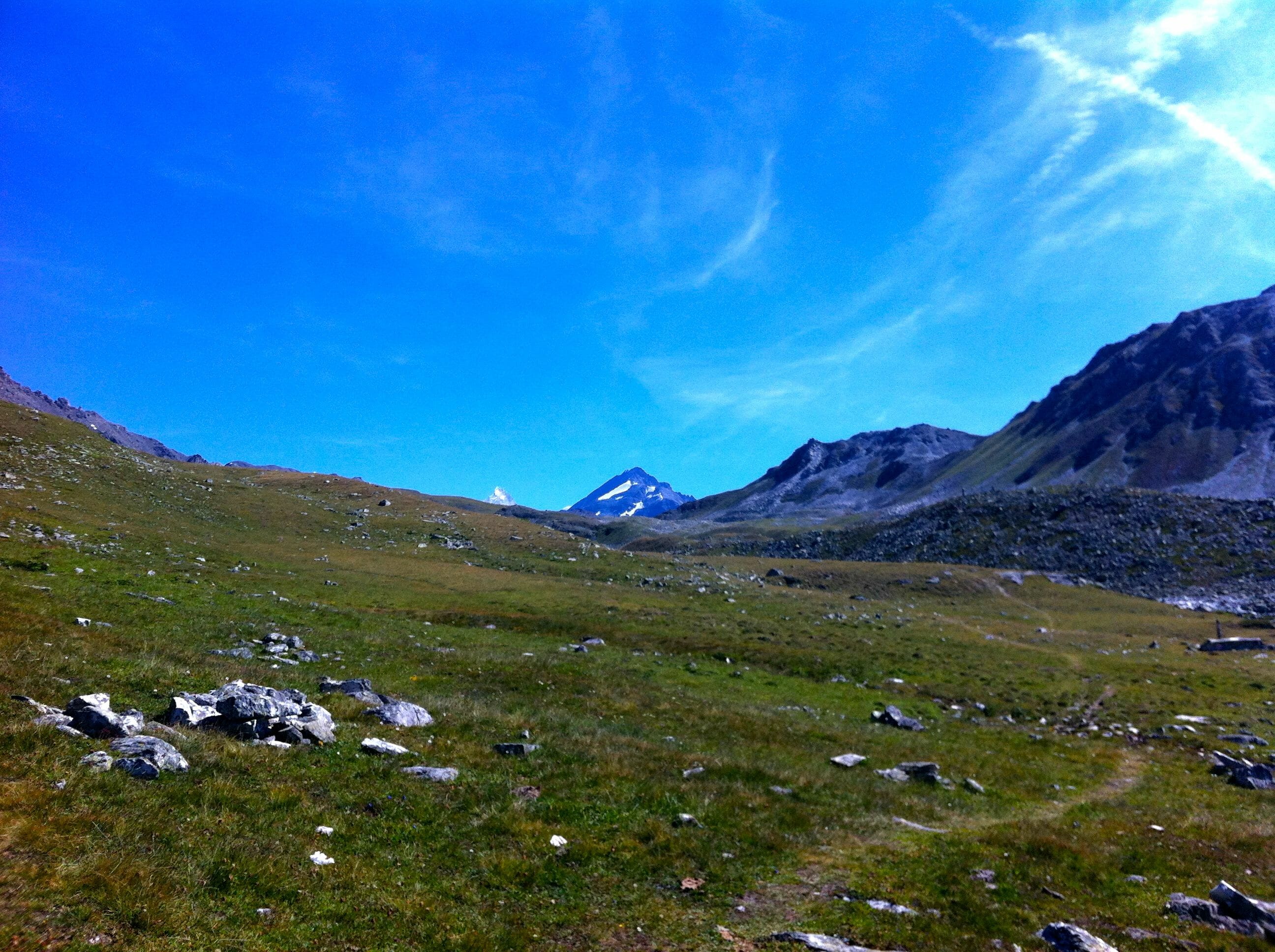 Let's hear it for getting lost! Headed towards the col, Zinalrothorn in the far distance.