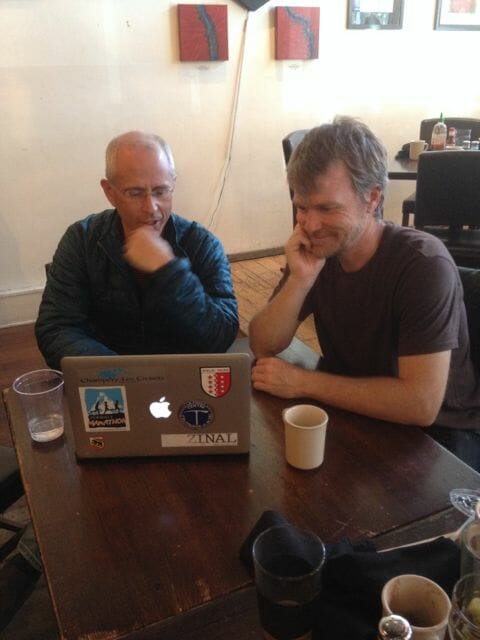 Doug Mayer, from Run the Alps, and Troy Haines, of Alpine Hikers, hard at work considering some of the best trail running routes in the Swiss Alps.