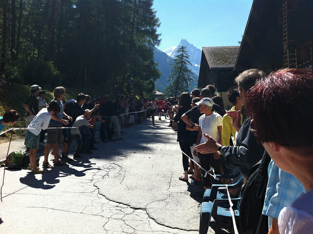 Onlooks line the last mile or more of the Sierre-Zinal trail race-- and everyone gets a heroes welcome, not just Kilian Jornet, seen here. 
