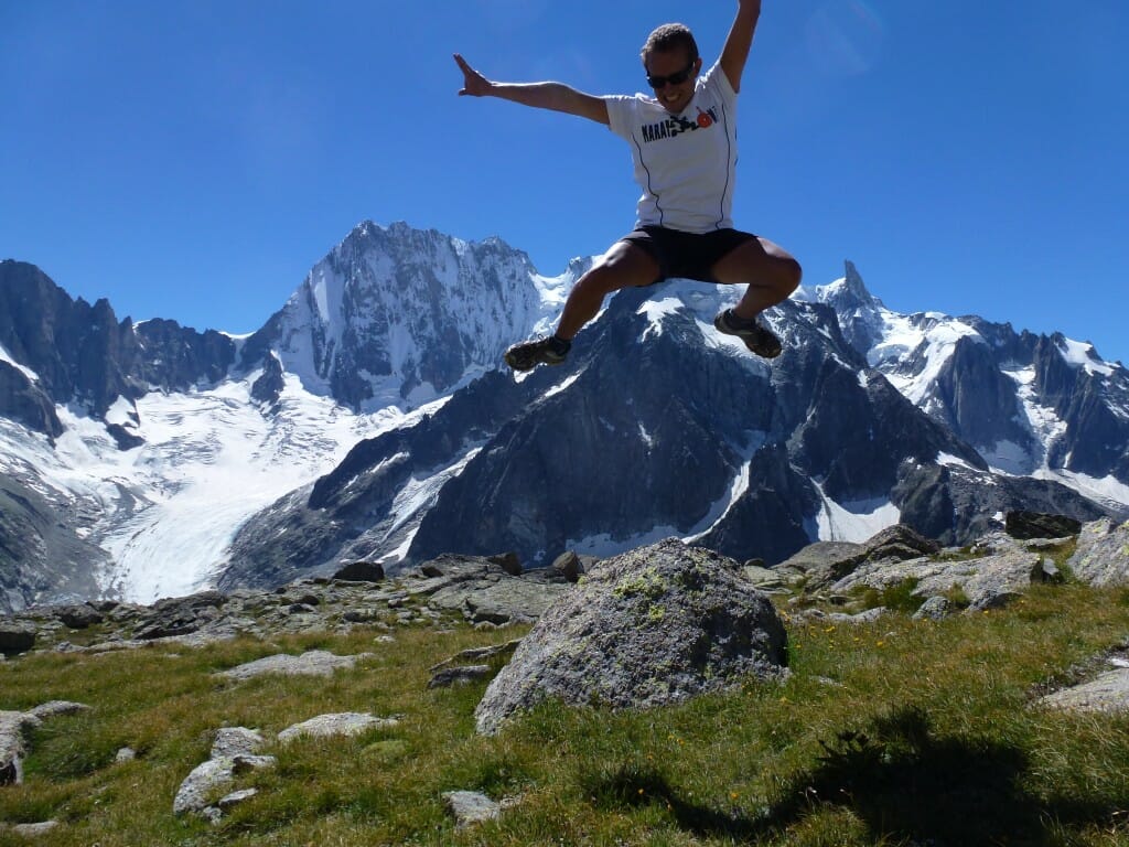 The ever-exuberant CMBM leader, with the Mont Blanc massif behind him. (Grandes Jorasses on the left and Dent du Géant on the right.)