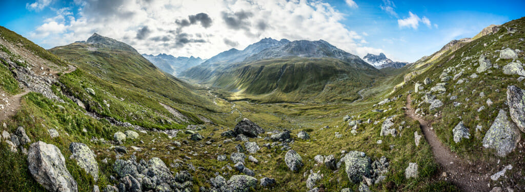 The wide open, green landscape of Val Funtauna above Davos, Switzerland