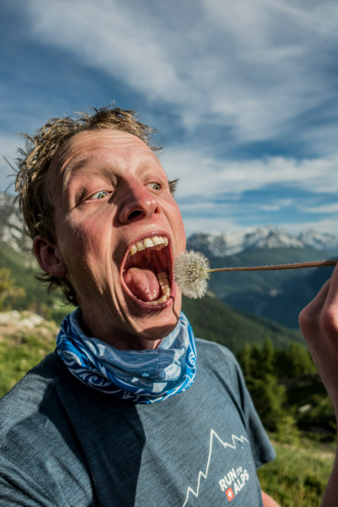Max Romey eating a dandelion at Bertone hut, Courmayuer. (Photo: Chase Willie)