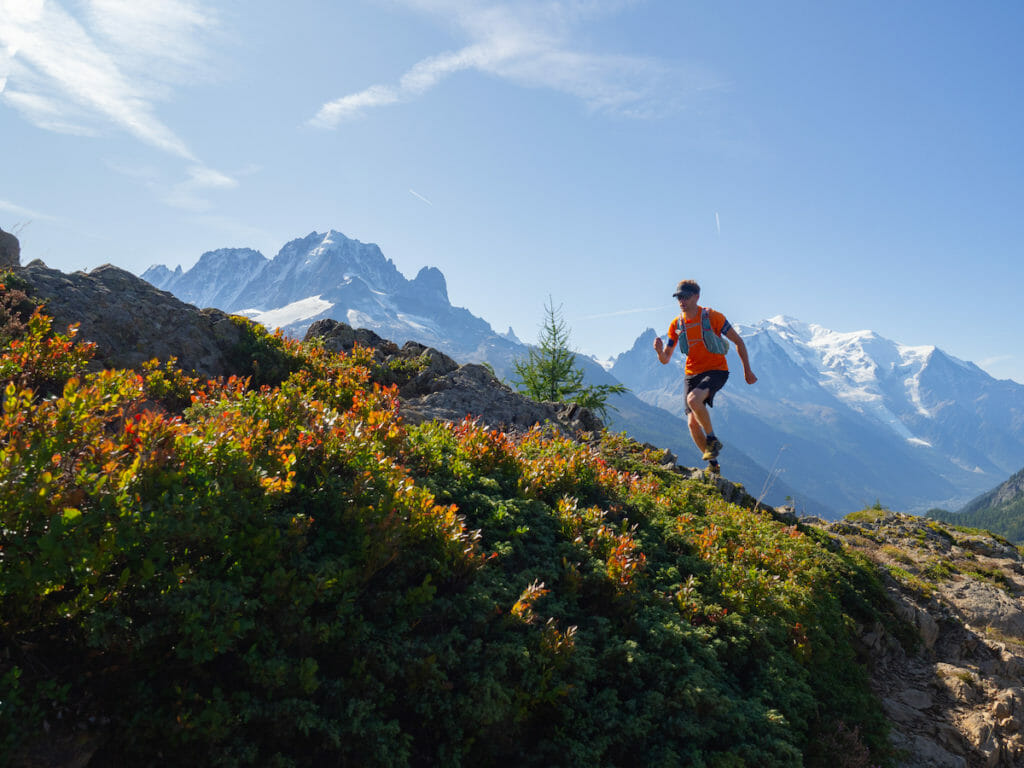 Trail runner moving up the Aiguillette des Posettes