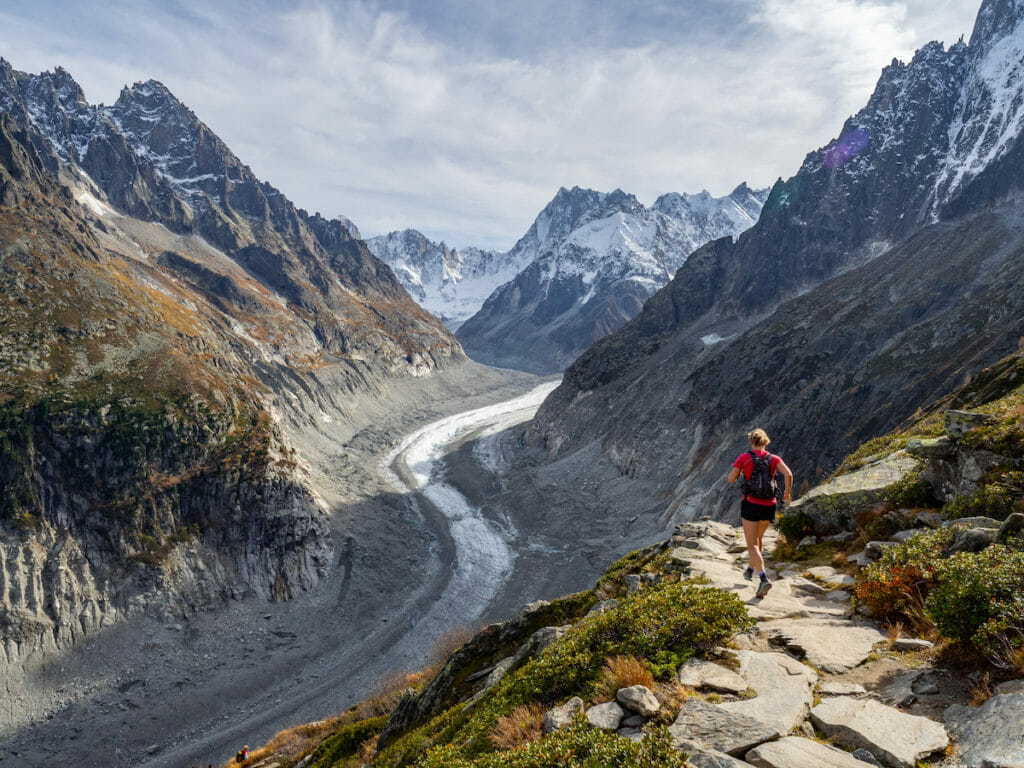 Trail runner descending to Montenvers, above the Mer de Glace