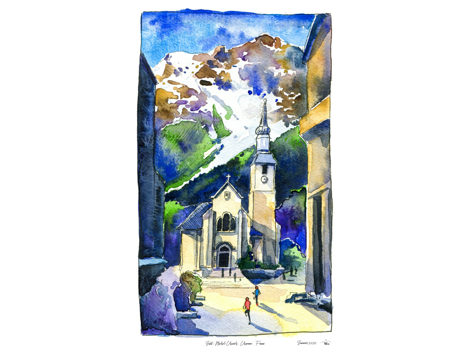 Watercolor painting of the church in Chamonix by Max Romey
