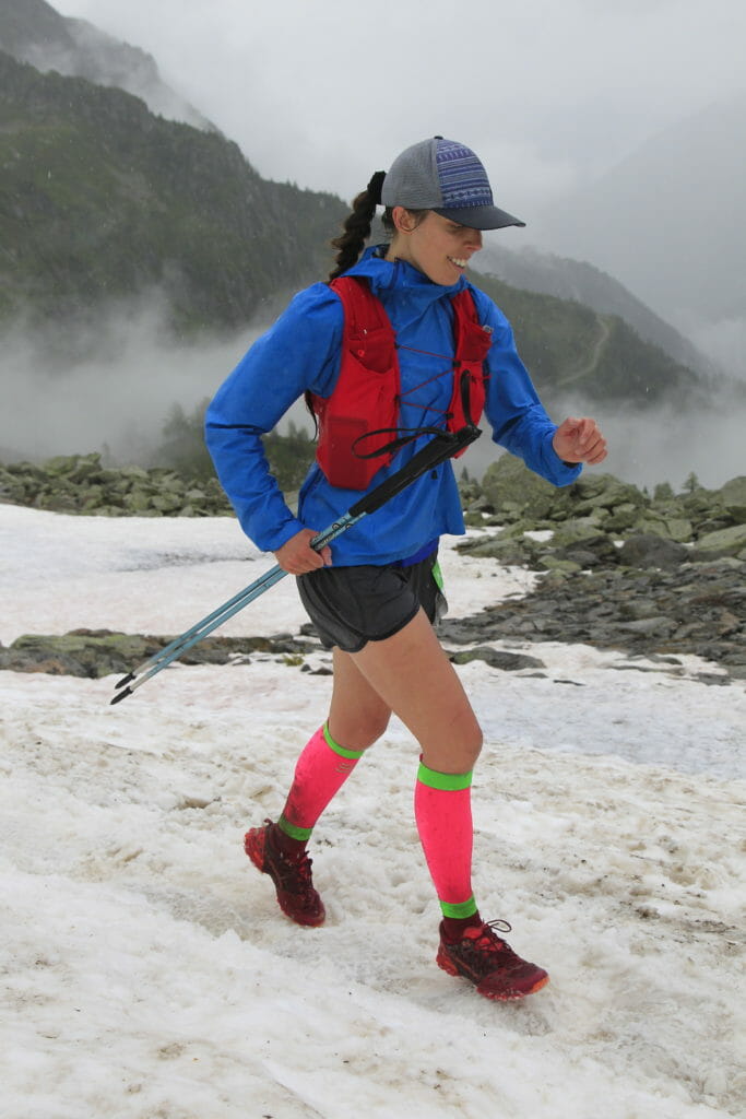 Jen Stretton running on snow in foul weather