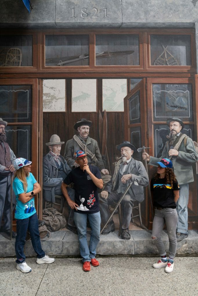 Hanging out in Chamonix next to the mural of mountain giuides.