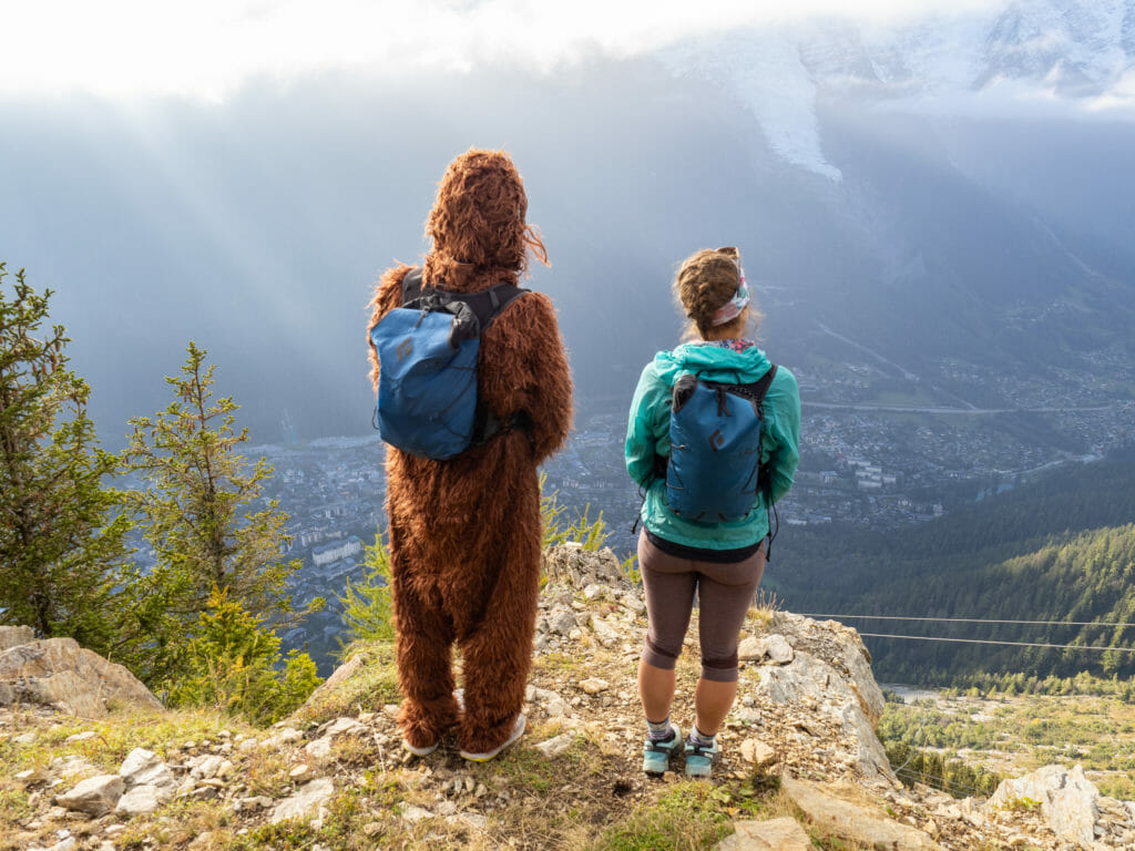 Bigfoot and Hillary with blue backpacks on a rock looking out over Chamonix