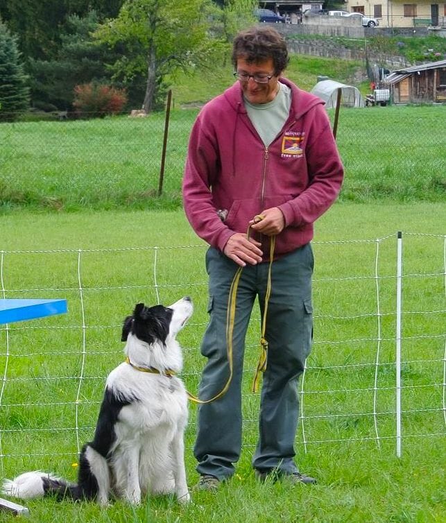IML and Dog Trainer Xavier Pauget in a field training his dog Etel. 